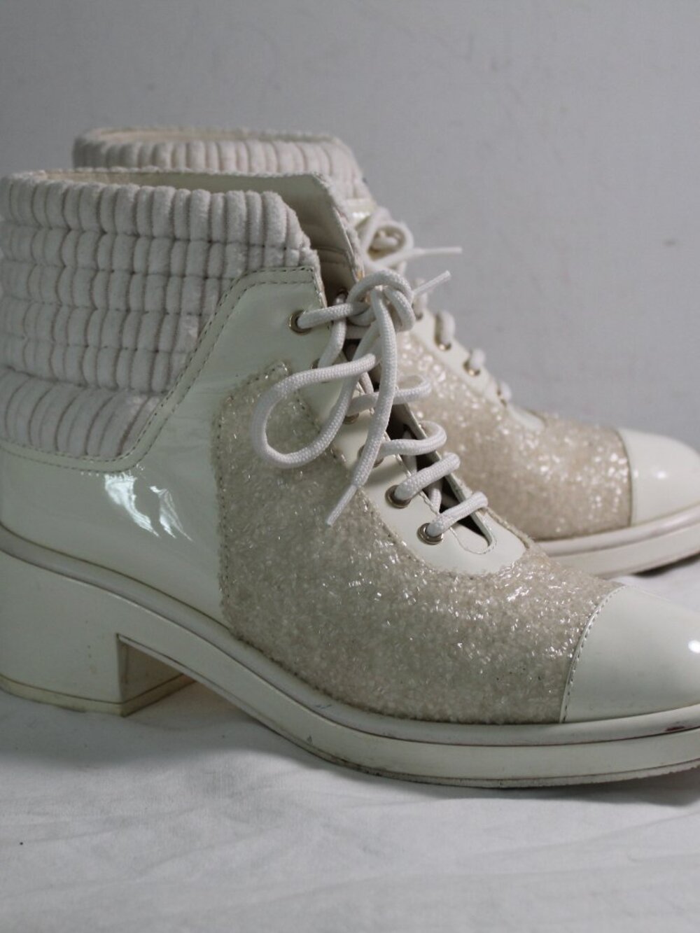 Chane White Patent Leather Glitter CC Knit Ankle Lace Combat Booties Boots 40.5 - Picture 6 of 13